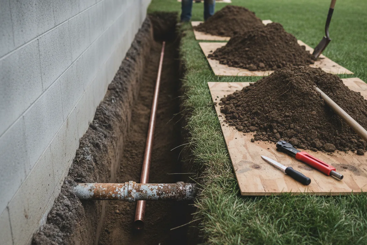 Excavated water line trench during Water Softener Installation in Deal Island